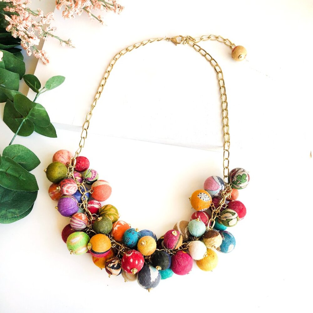 Fair Trade NWT Boho Cluster Bead Necklace Handmade Upcycle Kantha Fabric Recycle - Picture 3 of 16